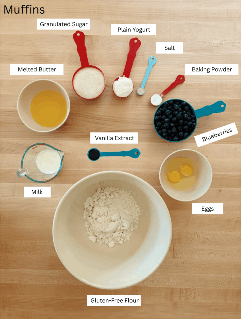 The ingredients for the recipe laid out and labelled. Including: milk, gluten-free flour, vanilla extract, blueberries, baking powder, salt, yogurt, granulated sugar, melted butter. 